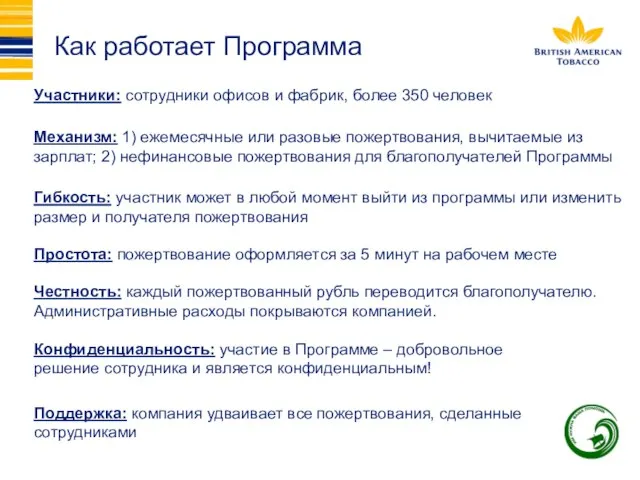 Как работает Программа Участники: сотрудники офисов и фабрик, более 350 человек Механизм: