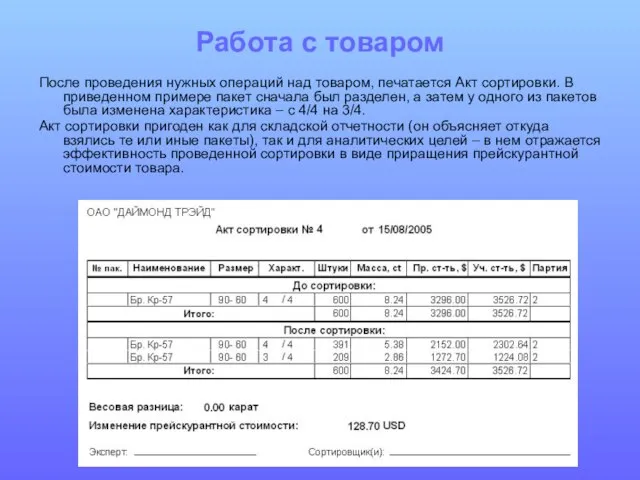 Работа с товаром После проведения нужных операций над товаром, печатается Акт сортировки.