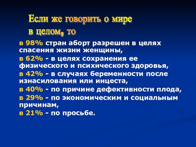 в 98% стран аборт разрешен в целях спасения жизни женщины, в 62%