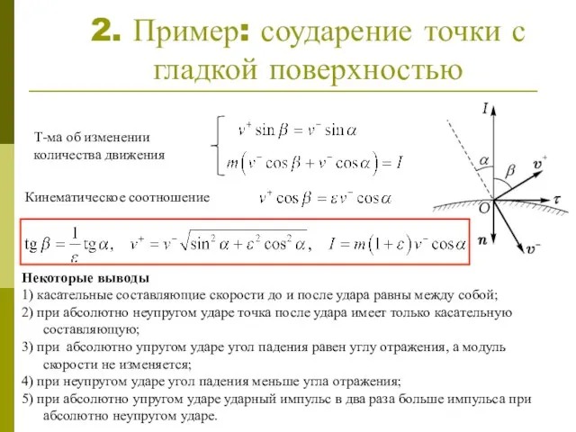 2. Пример: соударение точки с гладкой поверхностью Т-ма об изменении количества движения