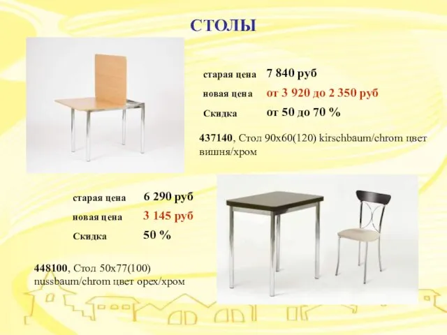 СТОЛЫ СТОЛЫ 437140, Стол 90х60(120) kirschbaum/chrom цвет вишня/хром 448100, Стол 50х77(100) nussbaum/chrom цвет орех/хром