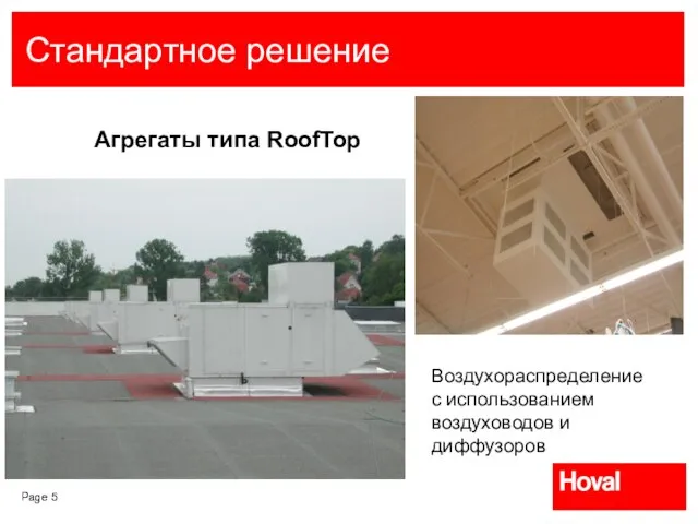 Стандартное решение Агрегаты типа RoofTop Воздухораспределение с использованием воздуховодов и диффузоров