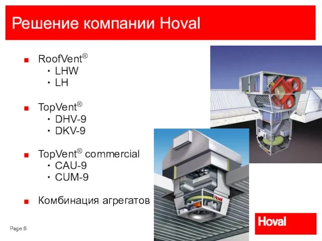 Решение компании Hoval RoofVent® LHW LH TopVent® DHV-9 DKV-9 TopVent® commercial CAU-9 CUM-9 Комбинация агрегатов