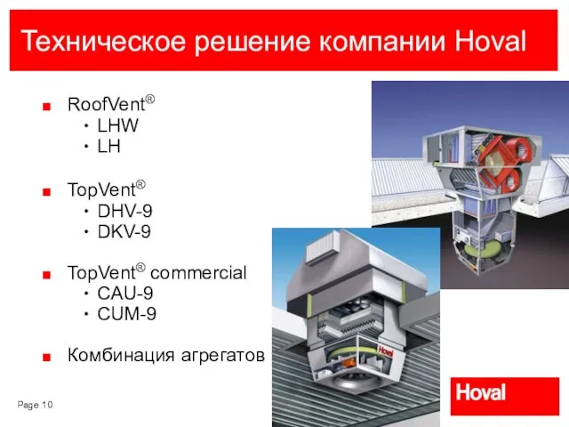 Техническое решение компании Hoval RoofVent® LHW LH TopVent® DHV-9 DKV-9 TopVent® commercial CAU-9 CUM-9 Комбинация агрегатов