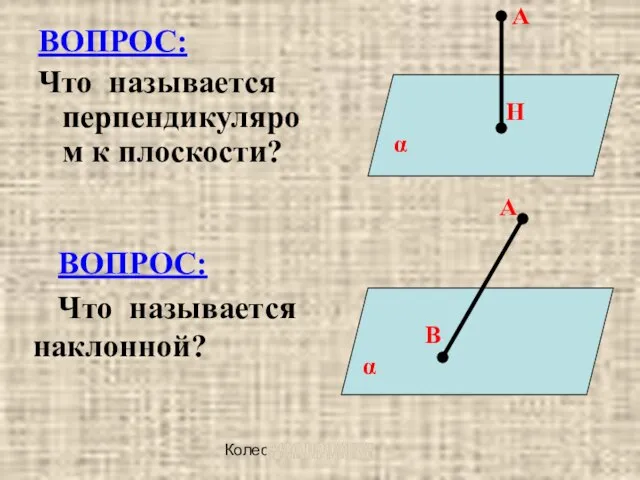 Колесова Ж. В. ВОПРОС: Что называется перпендикуляром к плоскости? А Н α А В α