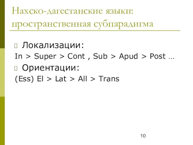 Нахско-дагестанские языки: пространственная субпарадигма Локализации: In > Super > Cont , Sub