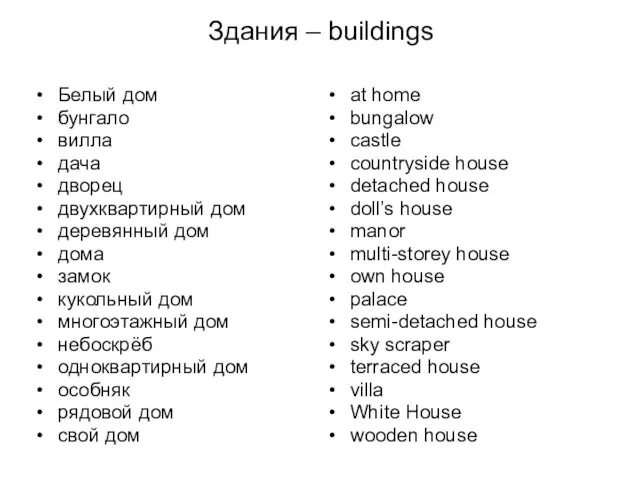 Здания – buildings Белый дом бунгало вилла дача дворец двухквартирный дом деревянный