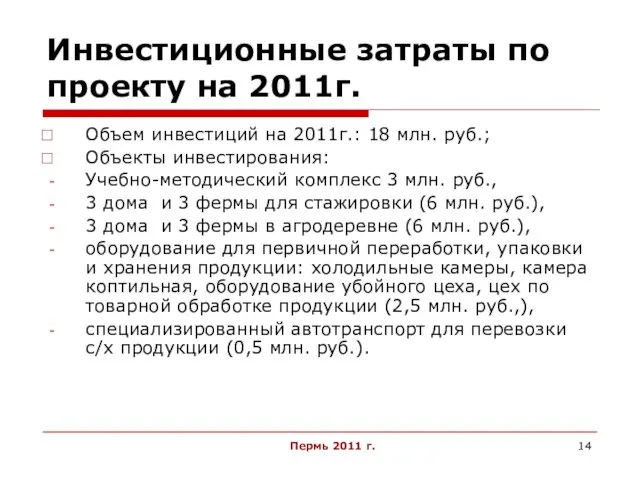 Пермь 2011 г. Инвестиционные затраты по проекту на 2011г. Объем инвестиций на