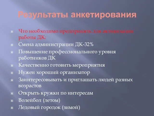 Результаты анкетирования Что необходимо предпринять для активизации работы ДК: Смена администрации ДК-32%