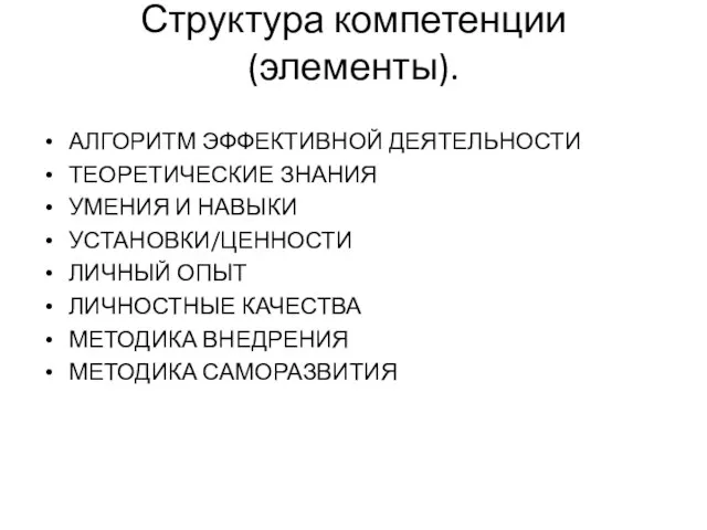 Структура компетенции (элементы). АЛГОРИТМ ЭФФЕКТИВНОЙ ДЕЯТЕЛЬНОСТИ ТЕОРЕТИЧЕСКИЕ ЗНАНИЯ УМЕНИЯ И НАВЫКИ УСТАНОВКИ/ЦЕННОСТИ