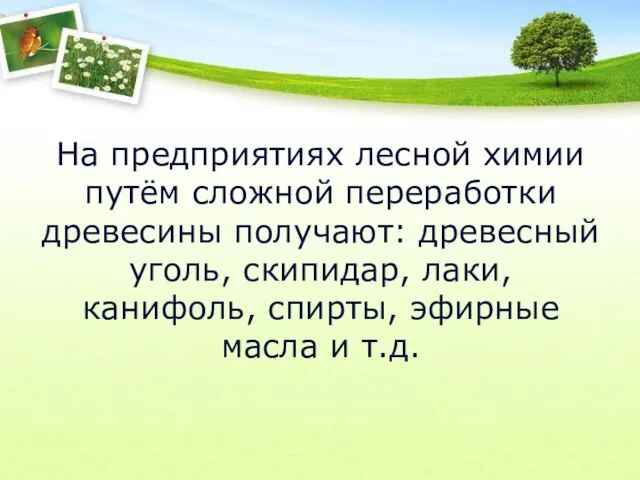 На предприятиях лесной химии путём сложной переработки древесины получают: древесный уголь, скипидар,