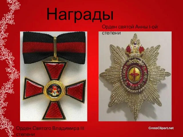 Орден Святого Владимира III степени Орден святой Анны I-ой степени Награды