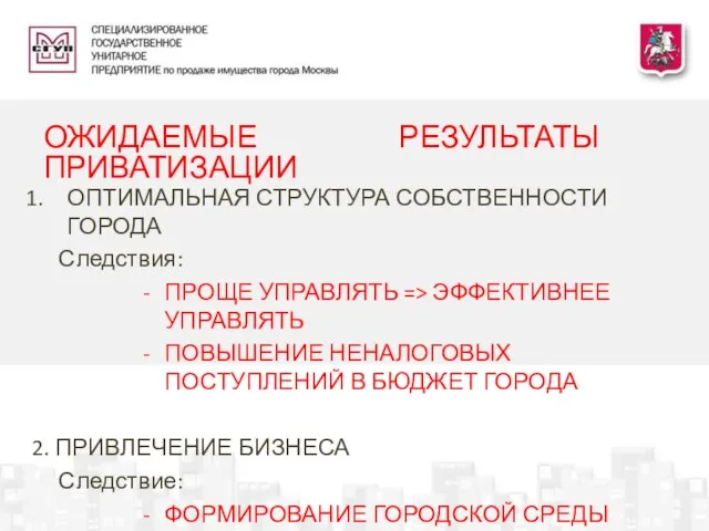 ОПТИМАЛЬНАЯ СТРУКТУРА СОБСТВЕННОСТИ ГОРОДА Следствия: ПРОЩЕ УПРАВЛЯТЬ => ЭФФЕКТИВНЕЕ УПРАВЛЯТЬ ПОВЫШЕНИЕ НЕНАЛОГОВЫХ