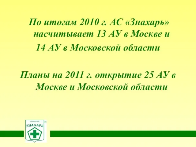 По итогам 2010 г. АС «Знахарь» насчитывает 13 АУ в Москве и