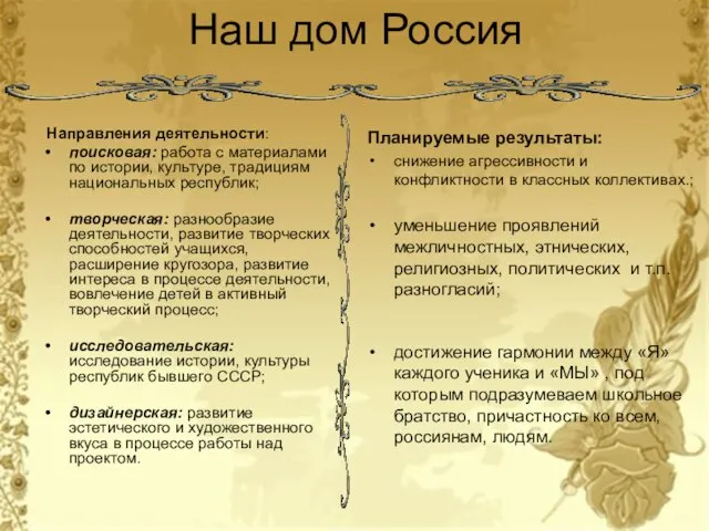 Наш дом Россия Направления деятельности: поисковая: работа с материалами по истории, культуре,