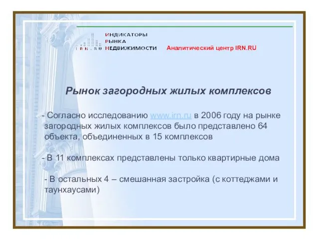 Рынок загородных жилых комплексов Согласно исследованию www.irn.ru в 2006 году на рынке