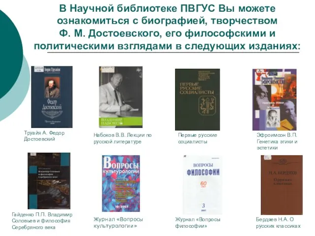 В Научной библиотеке ПВГУС Вы можете ознакомиться с биографией, творчеством Ф. М.