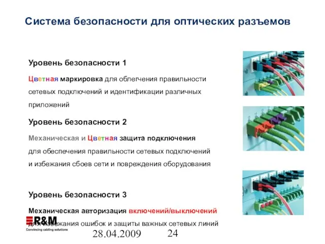 28.04.2009 Система безопасности для оптических разъемов Уровень безопасности 1 Цветная маркировка для