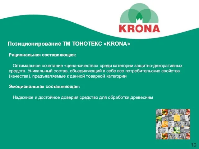 Позиционирование ТМ ТОНОТЕКС «KRONA» Рациональная составляющая: Оптимальное сочетание «цена-качество» среди категории защитно-декоративных