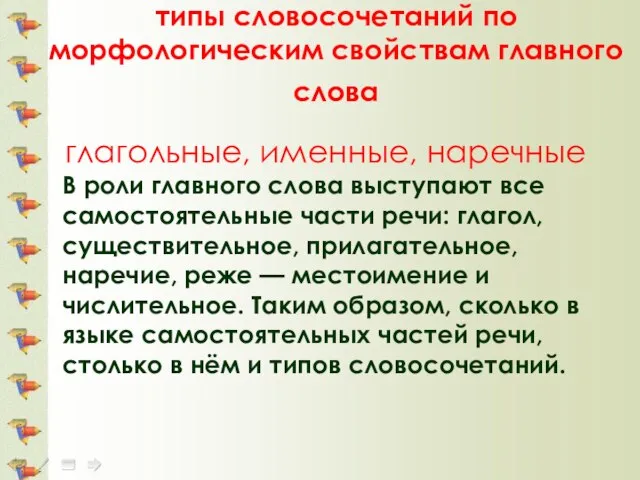 типы словосочетаний по морфологическим свойствам главного слова глагольные, именные, наречные В роли