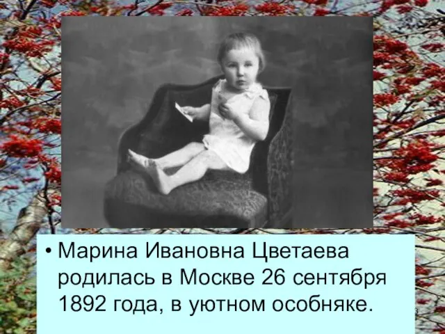 Марина Ивановна Цветаева родилась в Москве 26 сентября 1892 года, в уютном особняке.