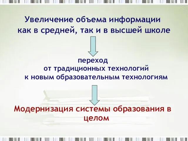 Увеличение объема информации как в средней, так и в высшей школе переход