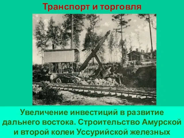 Транспорт и торговля Увеличение инвестиций в развитие дальнего востока. Строительство Амурской и