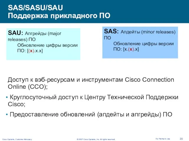 SAS/SASU/SAU Поддержка прикладного ПО Доступ к вэб-ресурсам и инструментам Cisco Connection Online
