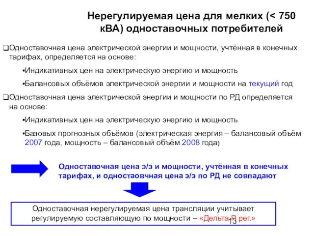 Нерегулируемая цена для мелких ( Одноставочная цена электрической энергии и мощности, учтённая