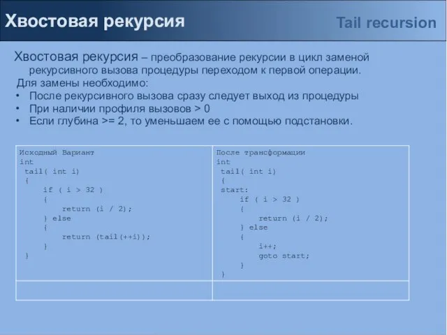 Хвостовая рекурсия Хвостовая рекурсия – преобразование рекурсии в цикл заменой рекурсивного вызова