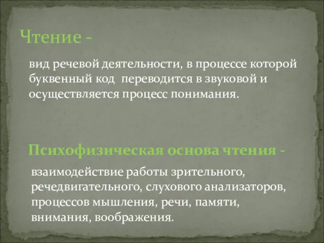 вид речевой деятельности, в процессе которой буквенный код переводится в звуковой и