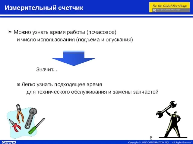 Измерительный счетчик ➣ Можно узнать время работы (почасовое) и число использования (подъема