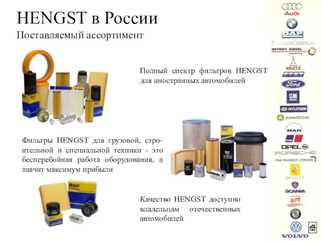 HENGST в России Поставляемый ассортимент Полный спектр фильтров HENGST для иностранных автомобилей