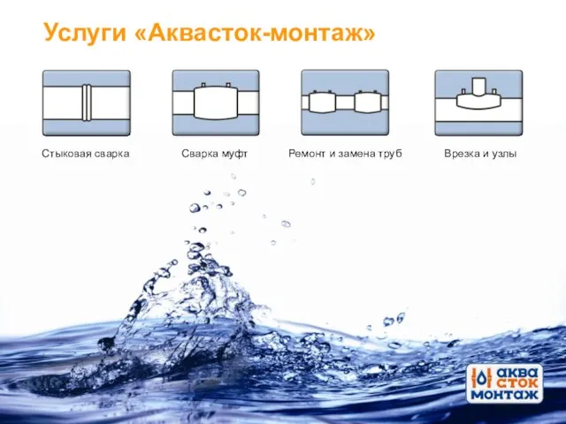 Услуги «Аквасток-монтаж» Стыковая сварка Сварка муфт Ремонт и замена труб Врезка и узлы