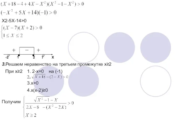 X2-5X-14>0 -2 1 2 7 X 3.Решаем неравенство на третьем промежутке x≥2