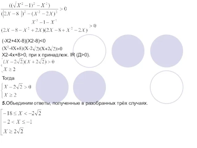 (-X2+4X-8)(X2-8) (X2-4X+8)(X-2 )(X+2 )>0 X2-4x+8>0, при x принадлеж. IR (Д>0). Тогда 5.Объединим