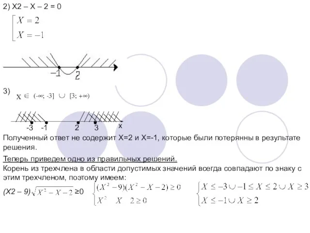 2) X2 – X – 2 = 0 3) X (-∞; -3]