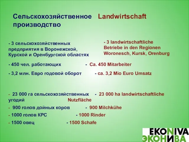 Сельскохозяйственное Landwirtschaft производство - 3 сельскохозяйственных предприятия в Воронежской, Курской и Оренбургской