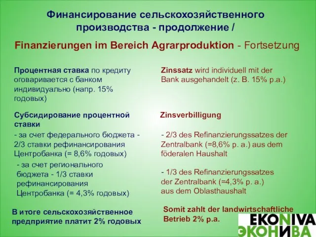 Финансирование сельскохозяйственного производства - продолжение / Finanzierungen im Bereich Agrarproduktion - Fortsetzung