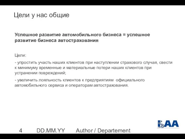 Author / Departement DD.MM.YYYY Цели у нас общие Успешное развитие автомобильного бизнеса