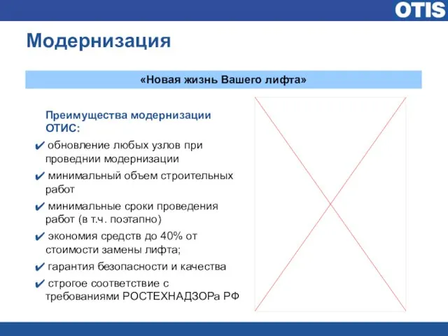 Модернизация Преимущества модернизации ОТИС: обновление любых узлов при проведнии модернизации минимальный объем