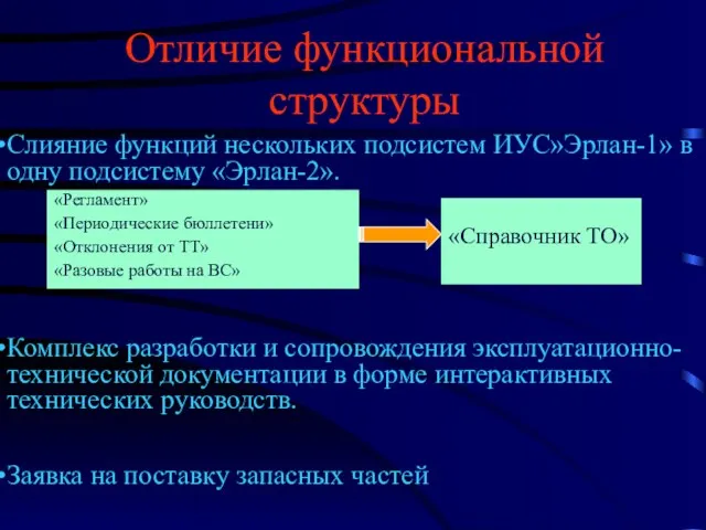 Отличие функциональной структуры Слияние функций нескольких подсистем ИУС»Эрлан-1» в одну подсистему «Эрлан-2».