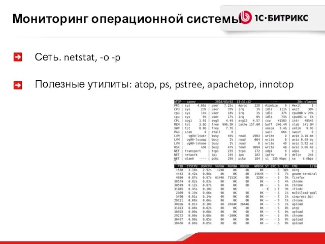 Мониторинг операционной системы Сеть. netstat, -o -p Полезные утилиты: atop, ps, pstree, apachetop, innotop