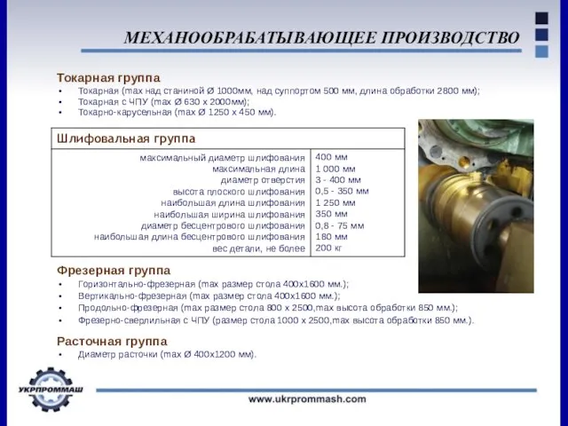 МЕХАНООБРАБАТЫВАЮЩЕЕ ПРОИЗВОДСТВО Токарная группа Токарная (max над станиной Ø 1000мм, над суппортом