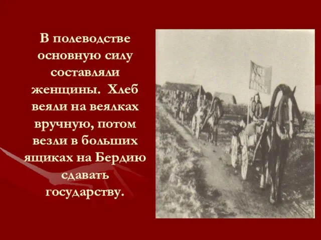 В полеводстве основную силу составляли женщины. Хлеб веяли на веялках вручную, потом