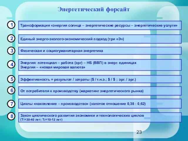 Энергетический форсайт Трансформация «энергия солнца – энергетические ресурсы – энергетические услуги» Единый