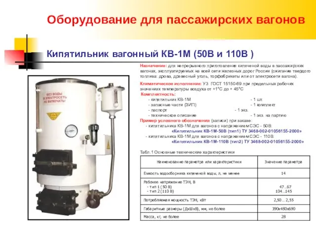 Кипятильник вагонный КВ-1М (50В и 110В ) Оборудование для пассажирских вагонов Назначение: