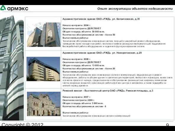 Copyright © 2012 АРМЭКС www.armex.su Опыт эксплуатации объектов недвижимости