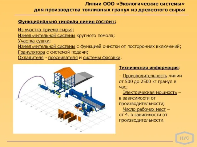 НУС Линии ООО «Экологические системы» для производства топливных гранул из древесного сырья