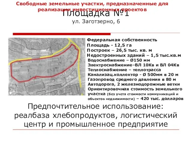 Площадка №1 ул. Заготзерно, 6 Федеральная собственность Площадь - 12,5 га Построек